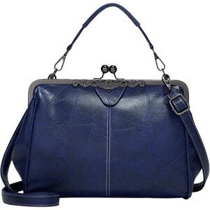 Women's Blue Vegan Leather Kiss Lock Elegant Satchel Evening Crossbody Clutch